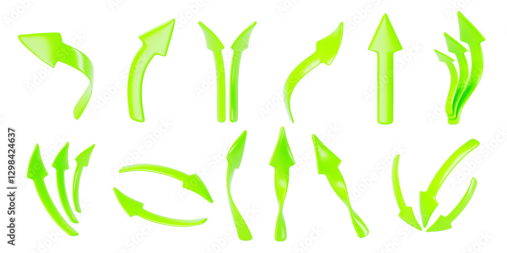 Poster 3d set of green arrow isolated render icon set. realistic straight, curved, spiral direction pointer