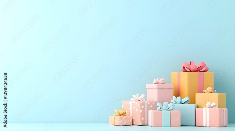 Aufkleber Elegant and visually appealing arrangement of multiple gift boxes in varying sizes stacked neatly on a pastel colored surface rendered in high detail realism with soft and diffused lighting
