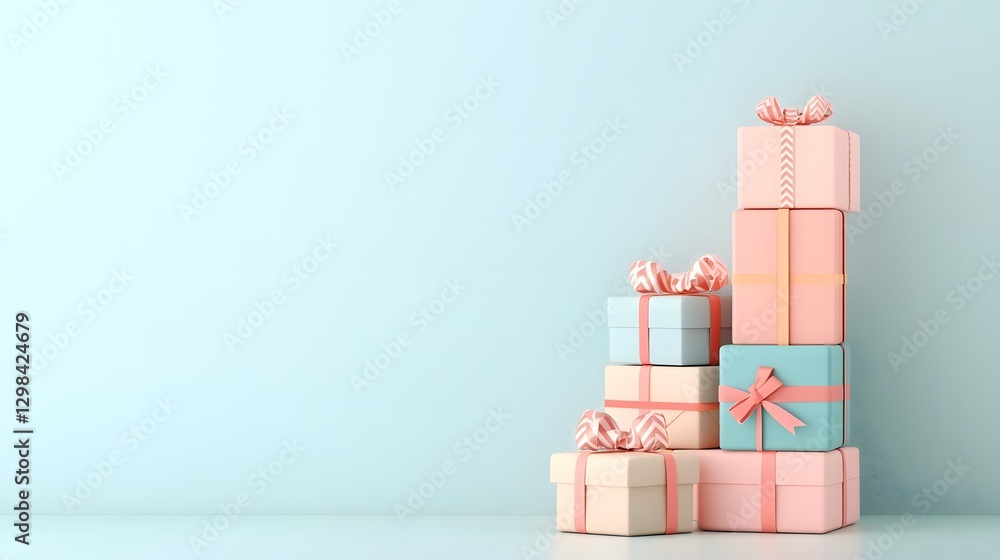 Poster Perfectly balanced stack of gift boxes with meticulously crafted ribbon details set against a soft pastel background and rendered in with gentle illumination