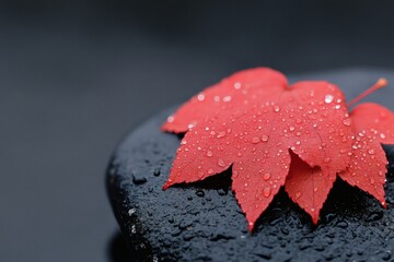 Vibrant red maple leaves resting on a smooth stone surface. Generative AI