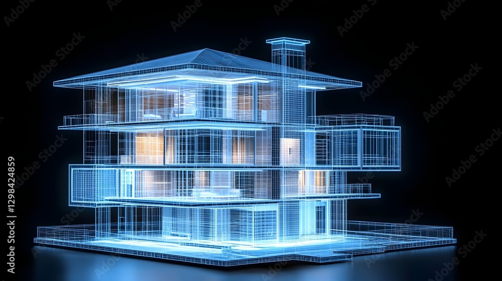 Poster futuristic and sleek apartment skyscraper with intricate wireframe blueprints overlaid on a sophisti