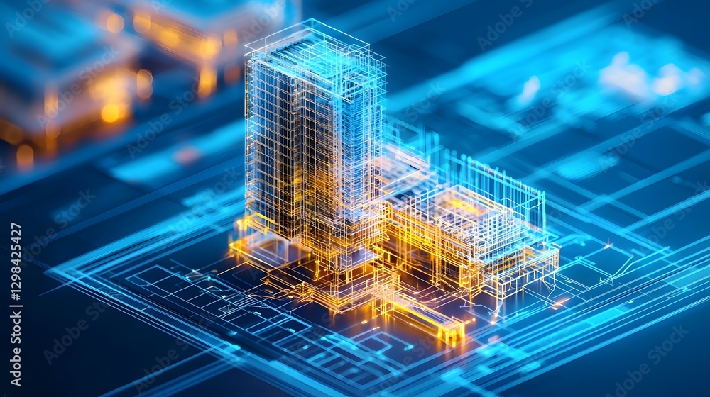 Fototapete Cutting edge 3D model of a high rise building showcasing advanced digital blueprint overlays futuristic engineering concepts and cyber grid connections
