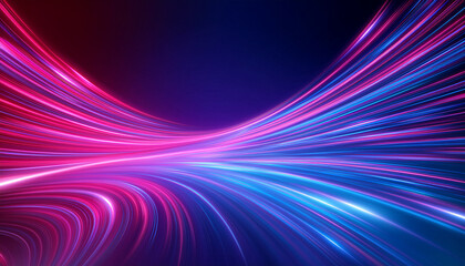 Futuristic dynamic motion technology. Neon pink blue purple red color glowing lines background, glowing wave swirl, impulse cable lines, high-speed light trails effect.