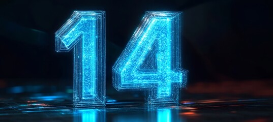 Digital Number 14, Illuminated Abstract Glowing Blue Neon Light, Technology Background Concept