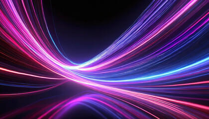 Futuristic dynamic motion technology. Neon pink blue purple red color glowing lines background, glowing wave swirl, impulse cable lines, high-speed light trails effect.