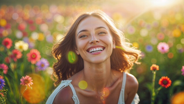 Bellissima ragazza che esprime gioia e felicit&agrave; in un prato pieno di fiori colorati 