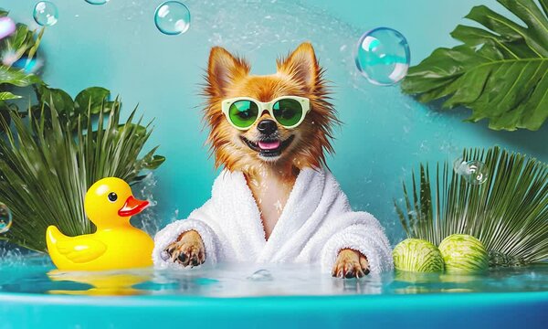 Happy funny dog in the spa.