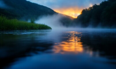 Misty sunrise over river, calm water reflects colors, tranquil landscape, ideal for travel brochures