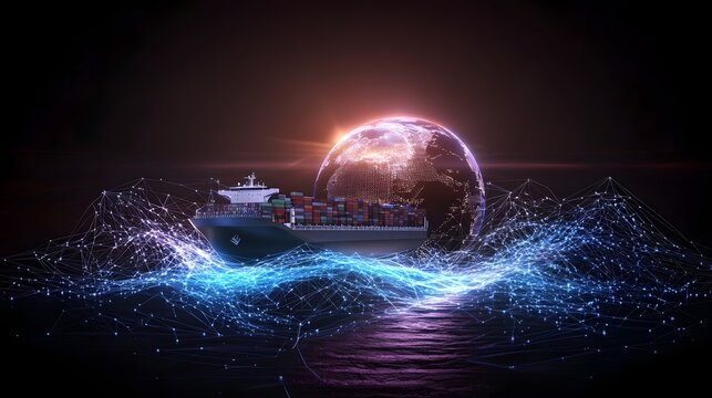 Futuristic Global Trade Network with Holographic Cargo Ship Hovering Over Glowing Digital Earth Bright Blue Connection Lines Linking Major Ports Across Continents