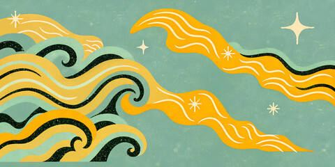 Fototapeta premium abstract waves and stars in green and yellow hues, celestial artistic design