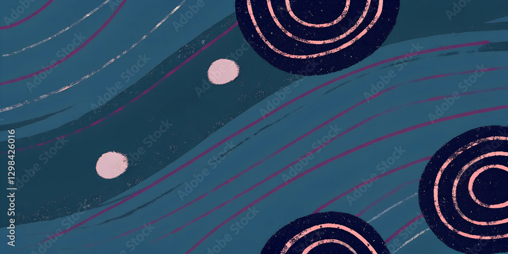 Poster abstract blue and pink geometric pattern with circles and waves in artistic design