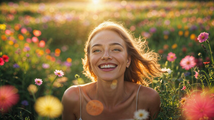 Bellissima ragazza che esprime gioia e felicità in un prato pieno di fiori colorati 