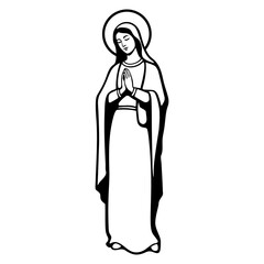 Virgin Mary praying with folded hands and halo monochrome clip art