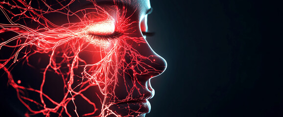 A close-up view of a human face with glowing red neural networks across the skin, symbolizing futuristic technology, artificial intelligence, or the connection between human and machine.