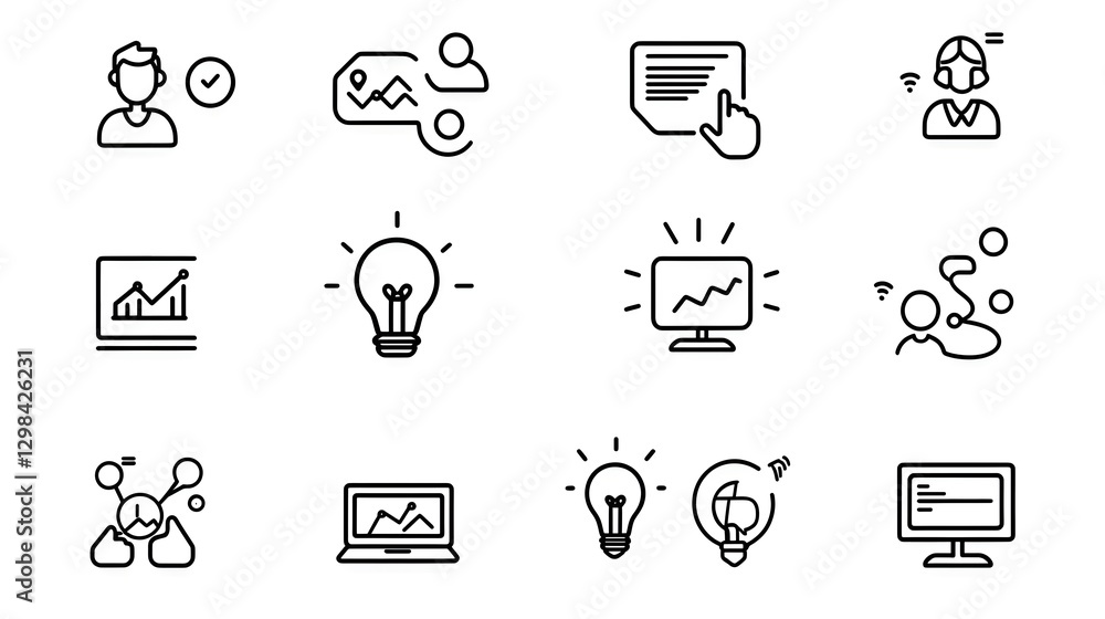 Aufkleber minimalist line art icon set representing live webinar concepts including symbols for business meeti