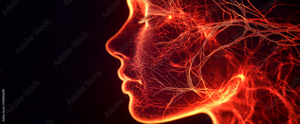 Poster close-up of a human face with glowing red neural network lines across the skin, representing futuris