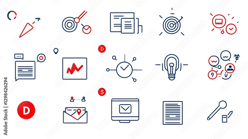Poster stylized webinar themed icon collection in a clean line drawing style depicting online workshops vid