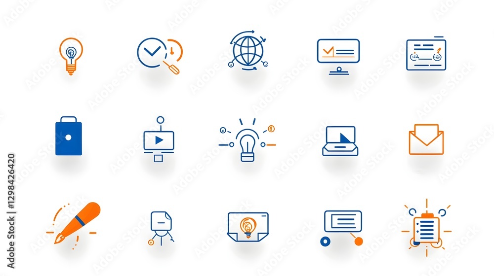 Fototapete Digital learning and online communication icon set featuring a collection of abstract line art symbols representing video conferencing  interactive training  business presentations