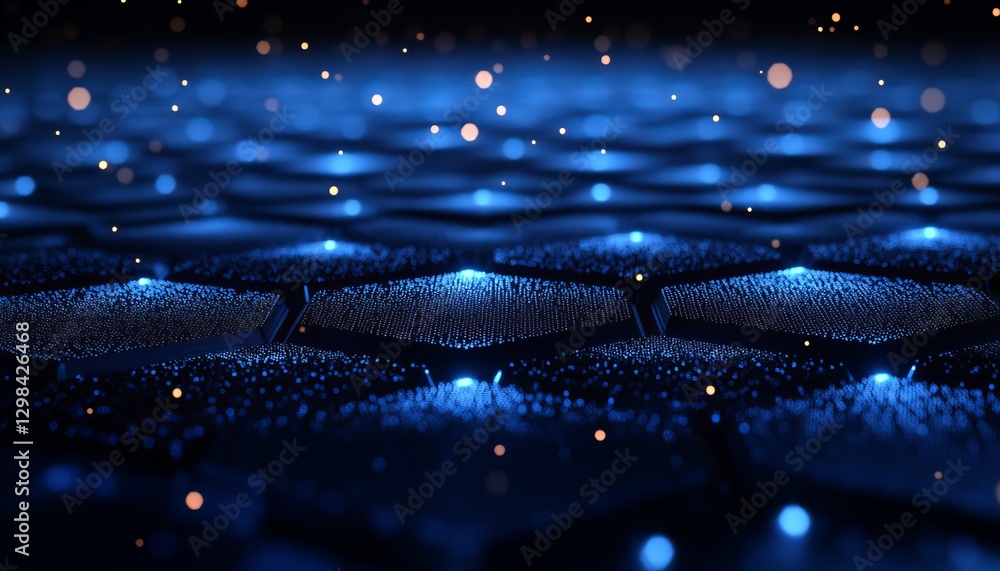 Poster vivid blue hexagon mesh network with luminous points, a futuristic data visualization in dark space