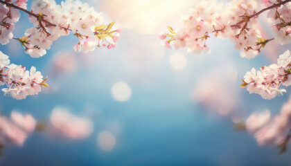 Obraz premium Blurred Spring Background illustration of fluffy sakura cherry blossoms and bokeh blue sky cloud surface with copy space.