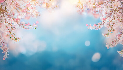 Fototapeta premium Blurred Spring Background illustration of fluffy sakura cherry blossoms and bokeh blue sky cloud surface with copy space.