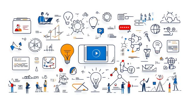 A collection of neatly arranged icons illustrating various aspects of online education and remote meetings  featuring outline drawings of video calls  e learning platforms
