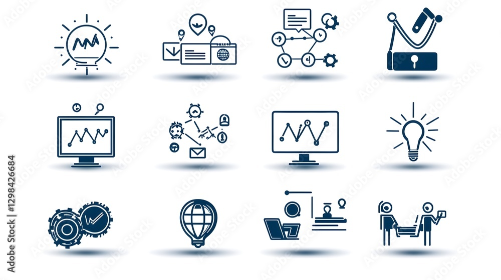 Aufkleber Futuristic line style icons representing a live webinar environment including symbols for real time discussions virtual teamwork knowledge sharing and digital classrooms