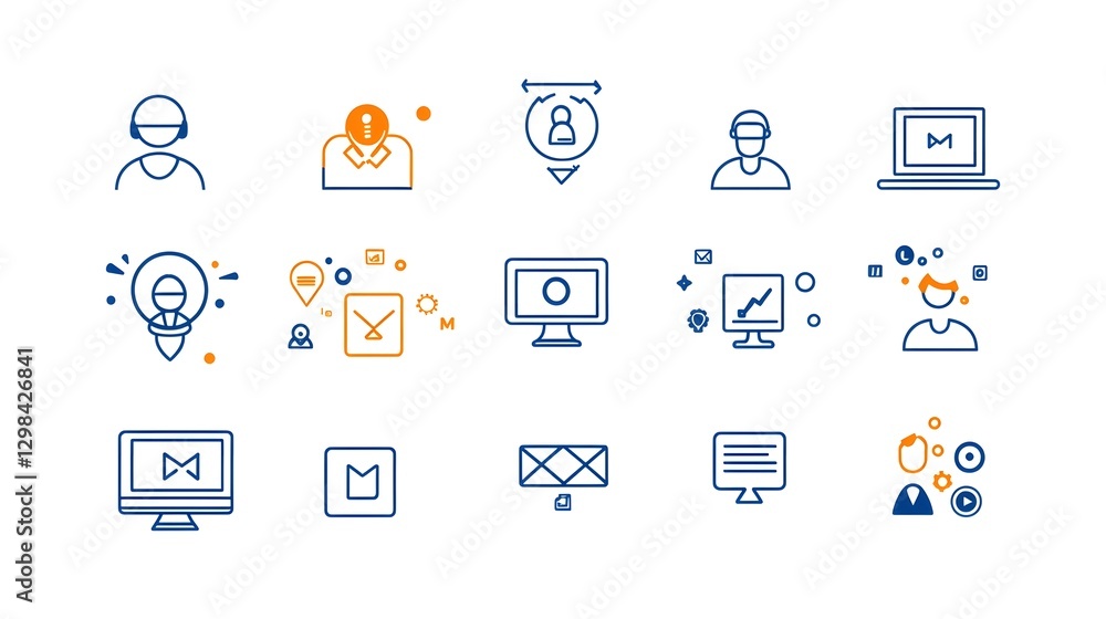 Poster This professional digital communication icon set features a clean  minimalist outline design that visually represents virtual webinars  online classrooms  business networking