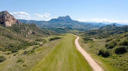 Naklejka premium Aerial view of winding road through mountain valley