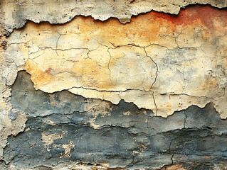 Obraz premium Highly textured, cracked wall with aged, ochre and grey tones. Shows peeling paint and weathered surface, ideal for grunge, rustic, or vintage design projects.