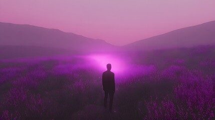 Glowing Fields Surrounding a Person in a Dreamy Landscape Scene