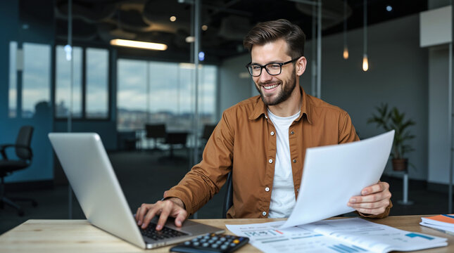 The photo shows a smiling man with a beard and glasses sitting at a wooden desk in a modern office. He is wearing a brown jacket over a white shirt and is working on a laptop