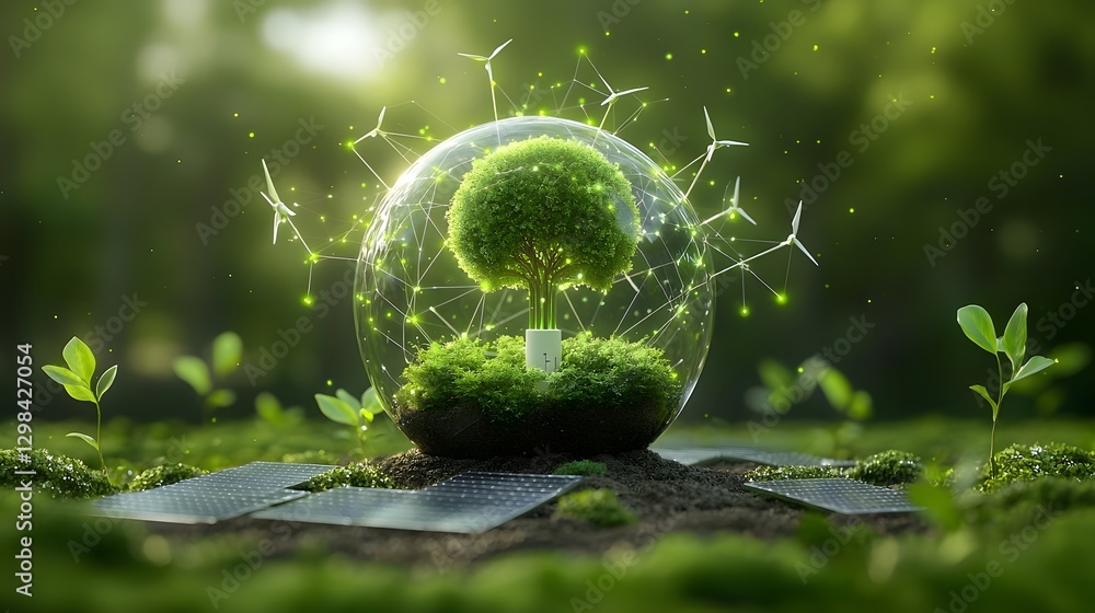 Poster sustainable eco energy sphere radiating cosmic connectivity a futuristic depicting a luminescent glo