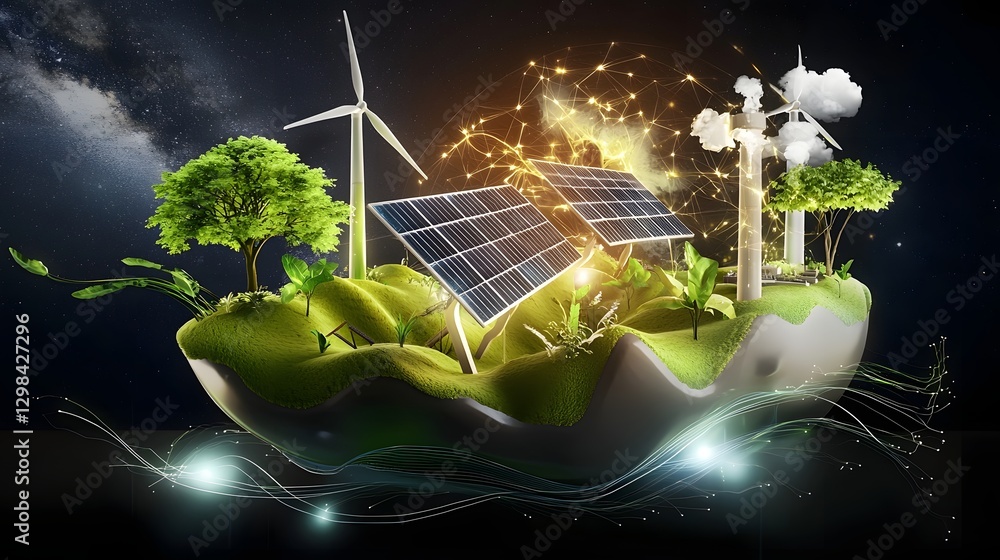 Poster futuristic and dynamic representation of a floating green energy ecosystem featuring solar panels wi
