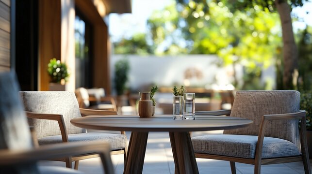 An outdoor patio with chairs and tables. A patio with a fire pit. Seating area in the city. A patio outside furnished with tables lifestyle and chairs.