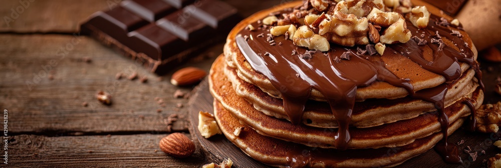 Aufkleber delicious stack of pancakes topped with melted chocolate and walnuts on a rustic wooden table. gener