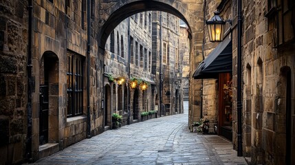Narrow Cobblestone Street in an Old European Town at Sunrise