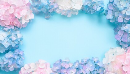 パステルカラーのあじさいのフレーム。水色の背景色。AIで生成
