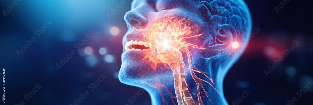 Fototapete Human anatomy model displaying nervous system and facial structure with glowing neurons illuminated in a dark setting. Generative AI