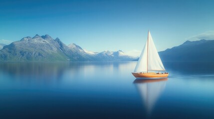 Fototapeta premium Sailing boat glides through calm waters, surrounded by majestic