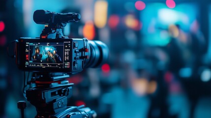 A camera is in front of a blurry background. Digital streaming content streaming online. Services entertainment ai industry. A camera is positioned against a hazy lifestyle backdrop.