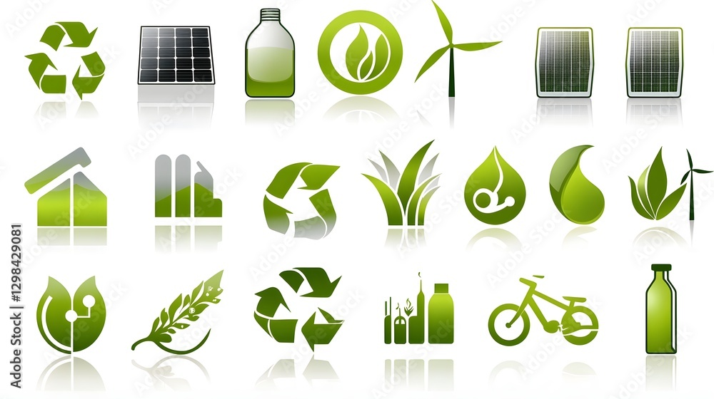 Aufkleber a set of modern sleek and glowing green icons representing renewable energy sources recycling and su