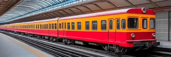 Obraz premium Modern Electric Passenger Train Stands at a Platform in Subway Station, Urban Transportation System