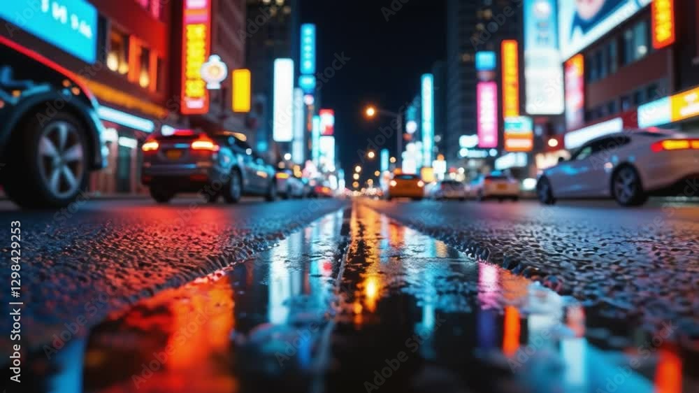 Poster night view of the city, empty background scene dark street reflection on wet asphalt rays of colorfu