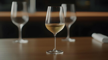 Elegant Wine Glass With White Liquid on Wooden Table in Soft Focus with Additional Glasses and Napkin