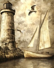 A vintage lighthouse with a sailboat and seagulls amidst a serene harbor.