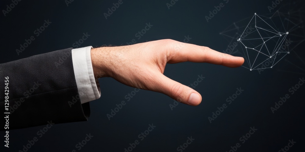 Poster a hand reaching out towards a floating digital network, symbolizing innovation and technology in a p