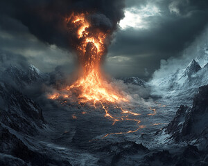 A powerful volcanic eruption spewing lava and smoke across a dramatic mountain landscape, symbolizing nature's destructive force and the raw power of volcanic activity.