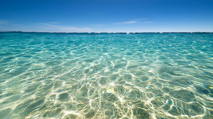 Clear Turquoise Ocean Water Reflecting Sunlight Beneath a Bright Blue Sky