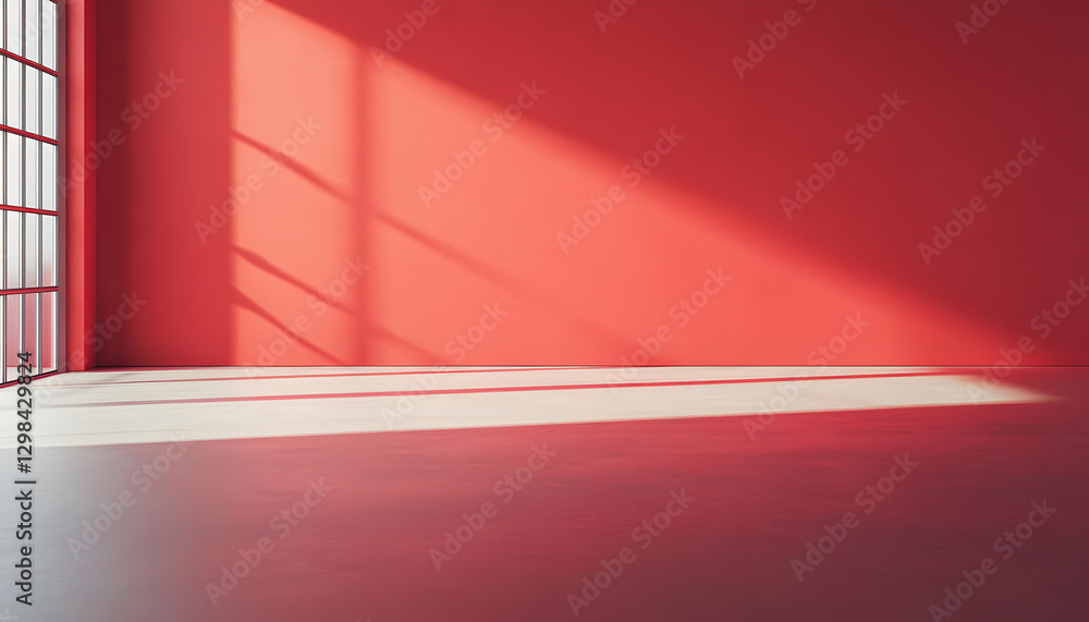Poster a brightly lit, modern, minimalist red room featuring window light and shadows casting angular patte